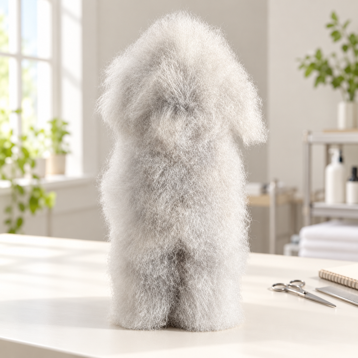 AI-created next-practice preparation setting featuring the selected pale-grey Teddy coat in supplier-reference display pose on a white table, with separate scissors, comb and notebook; tools and display support not included.