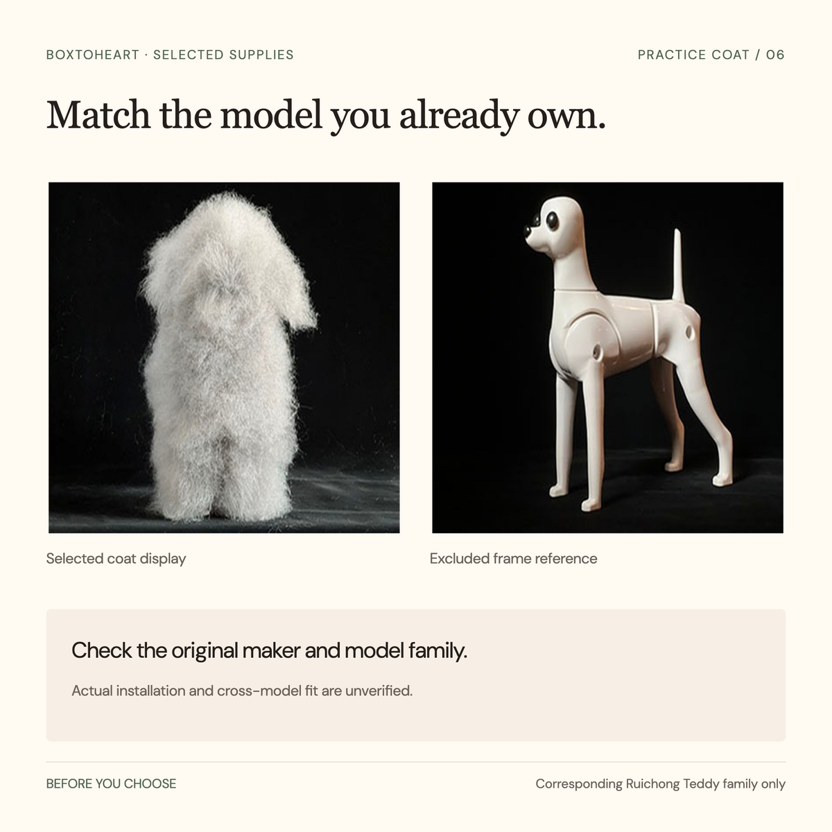 Two supplier reference photos, selected grey coat and excluded Teddy frame, with guidance to check original maker and model family; actual fit is unverified.