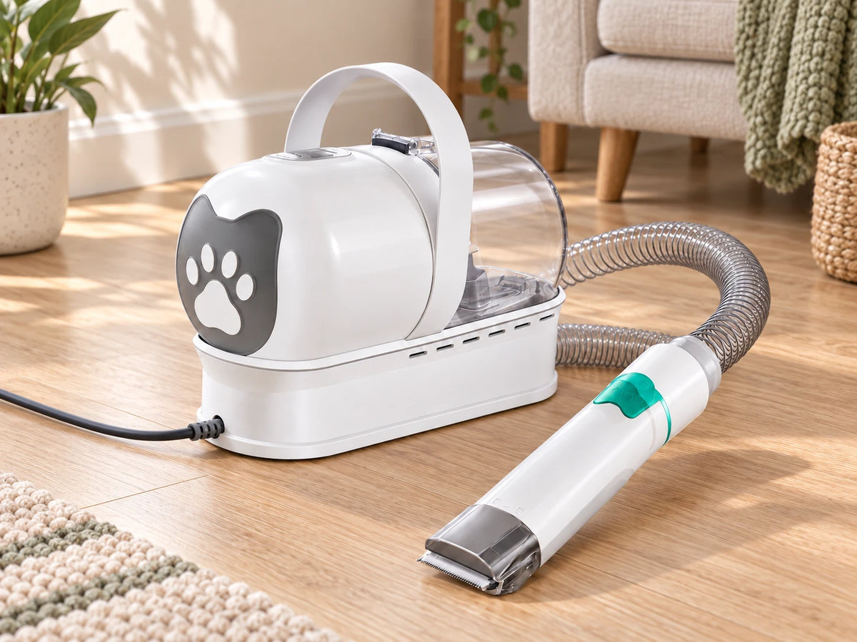 Close view of the vacuum’s grey paw panel, arched handle, clear rear chamber, connected hose and metal clipper head.