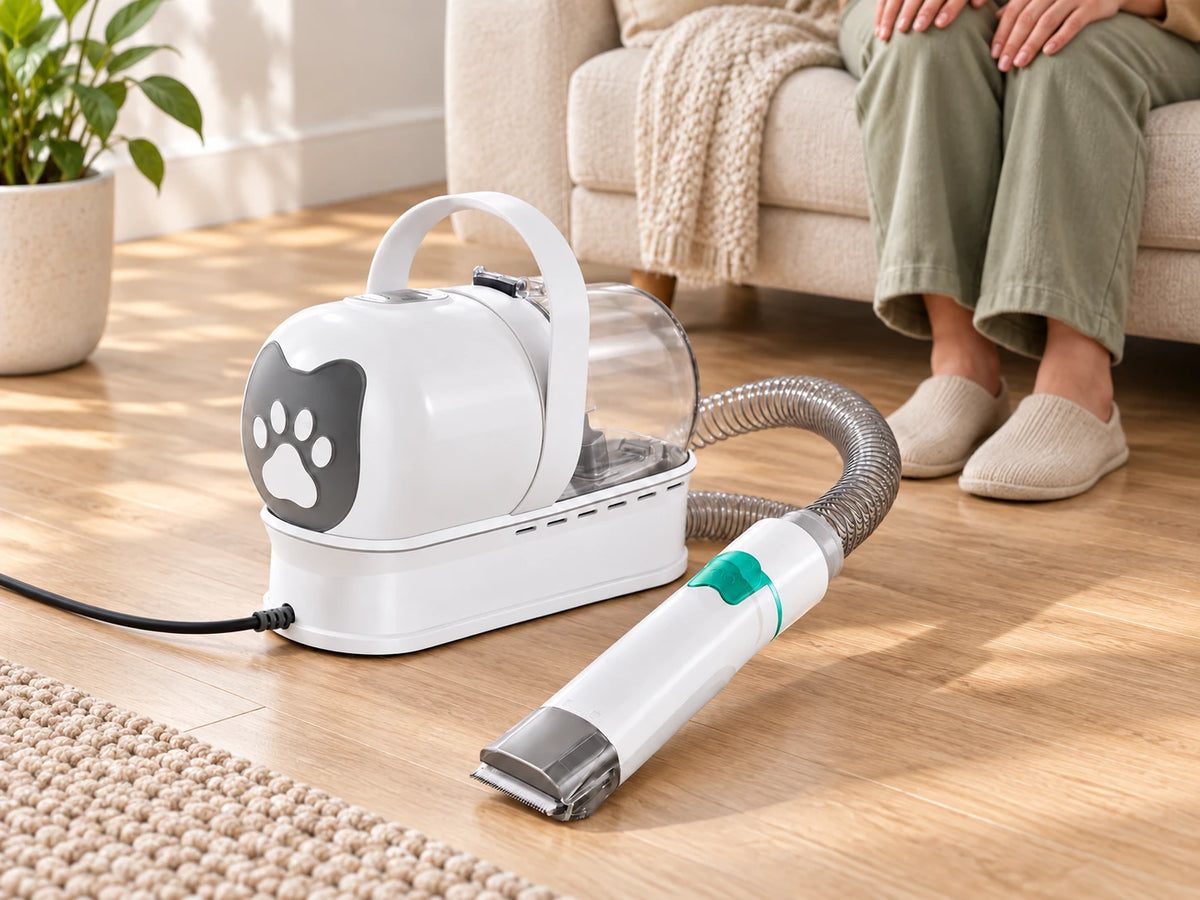 The white grooming vacuum and connected handpiece on the floor beside an adult’s feet, with the black power cord visible.