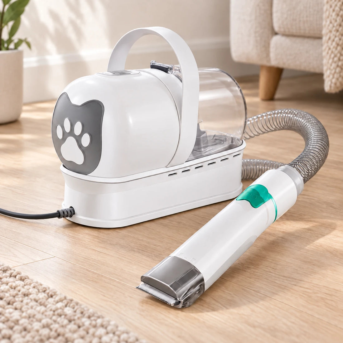 White corded dog grooming vacuum with clear collection chamber, ribbed hose and green-latch clipper handpiece on an oak floor.