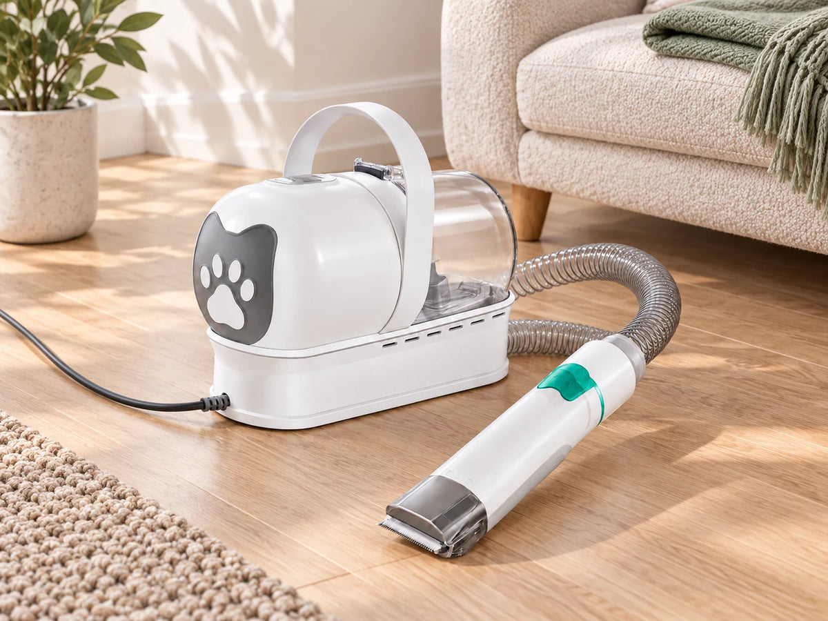 White grooming vacuum and hose-connected clipper resting beside an ivory sofa, with the power cord extending to the left.