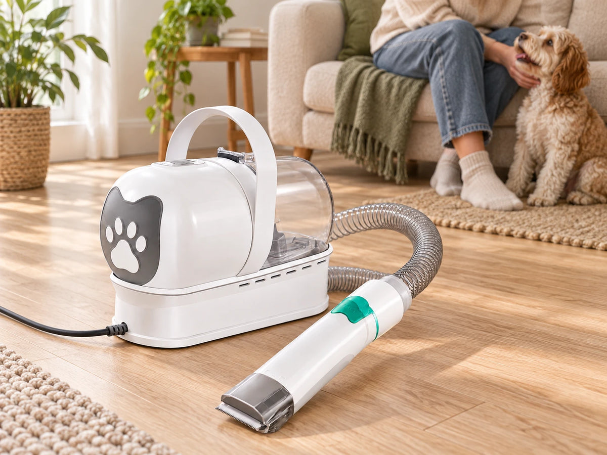 White corded grooming vacuum rests on the floor while a dog sits beside an adult at the sofa; the handpiece is not in use.