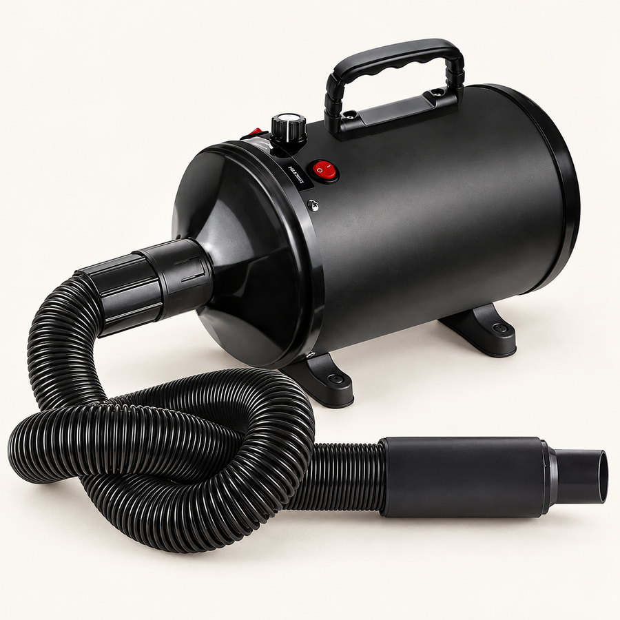 Black canister dog dryer with a top carry handle, rotary control, two red switches and connected ribbed hose on a warm ivory background.