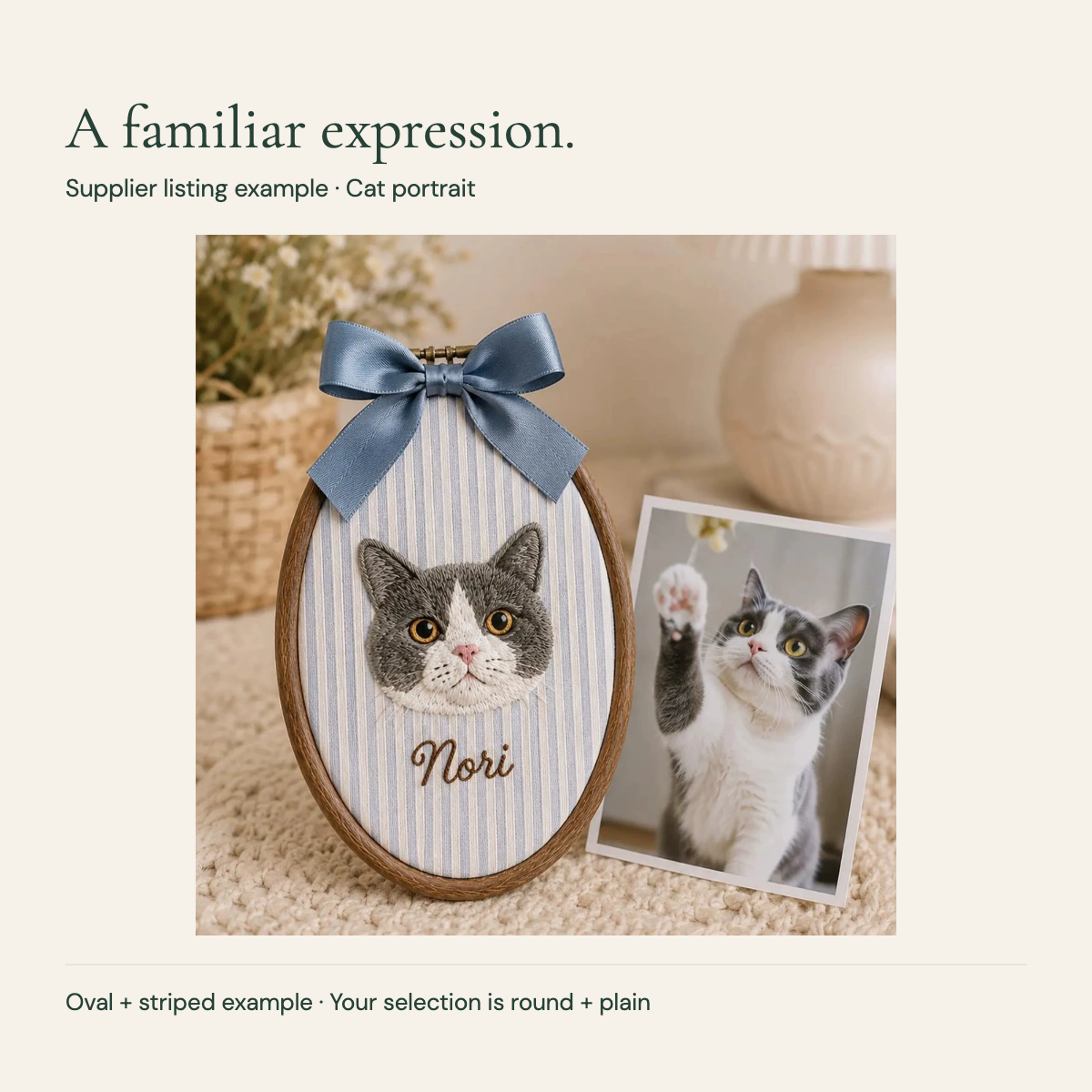 Supplier listing Nori cat example on striped oval fabric beside its reference image; different from selected round plain format.