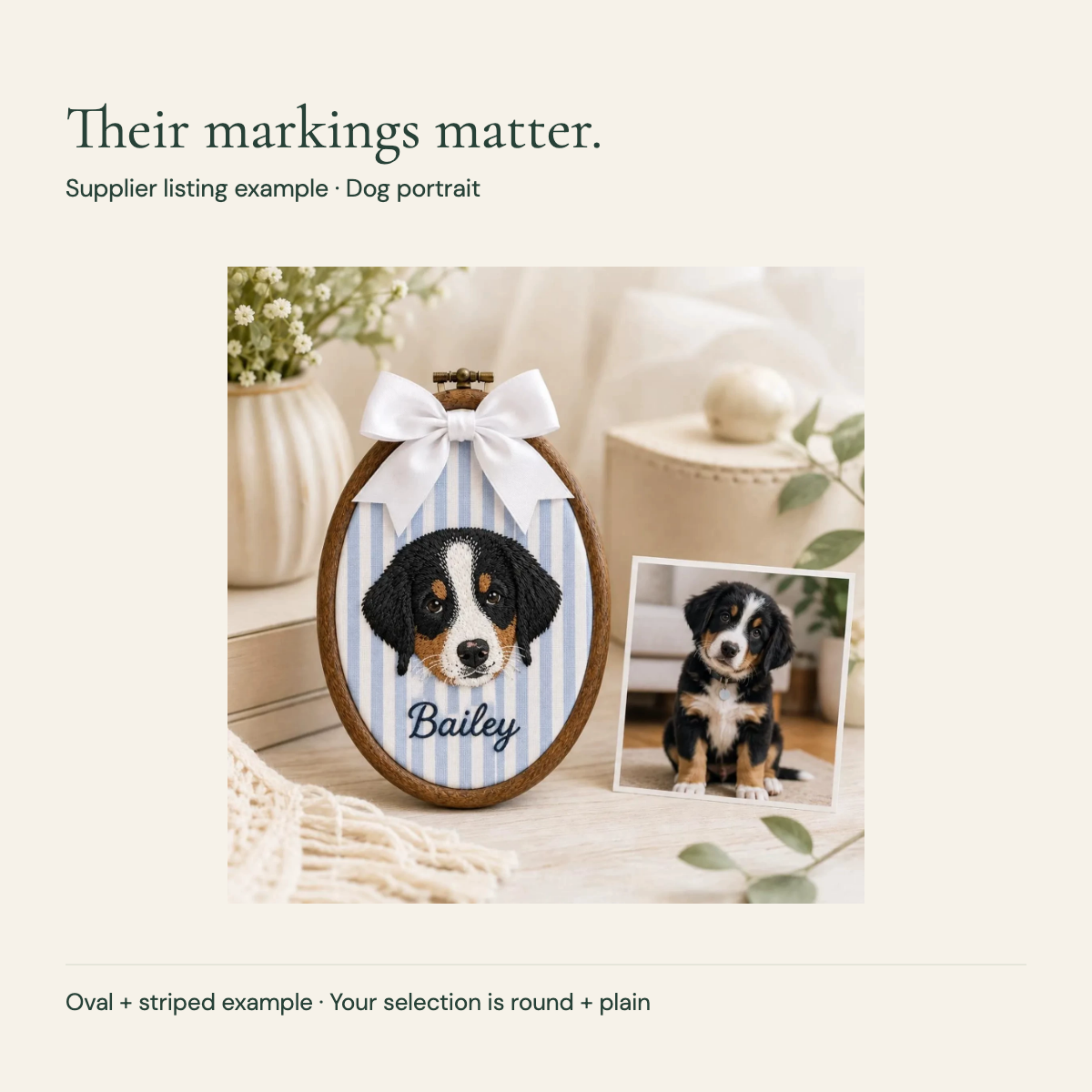 Supplier listing Bailey dog portrait on striped oval fabric beside a dog reference image; different from selected format.