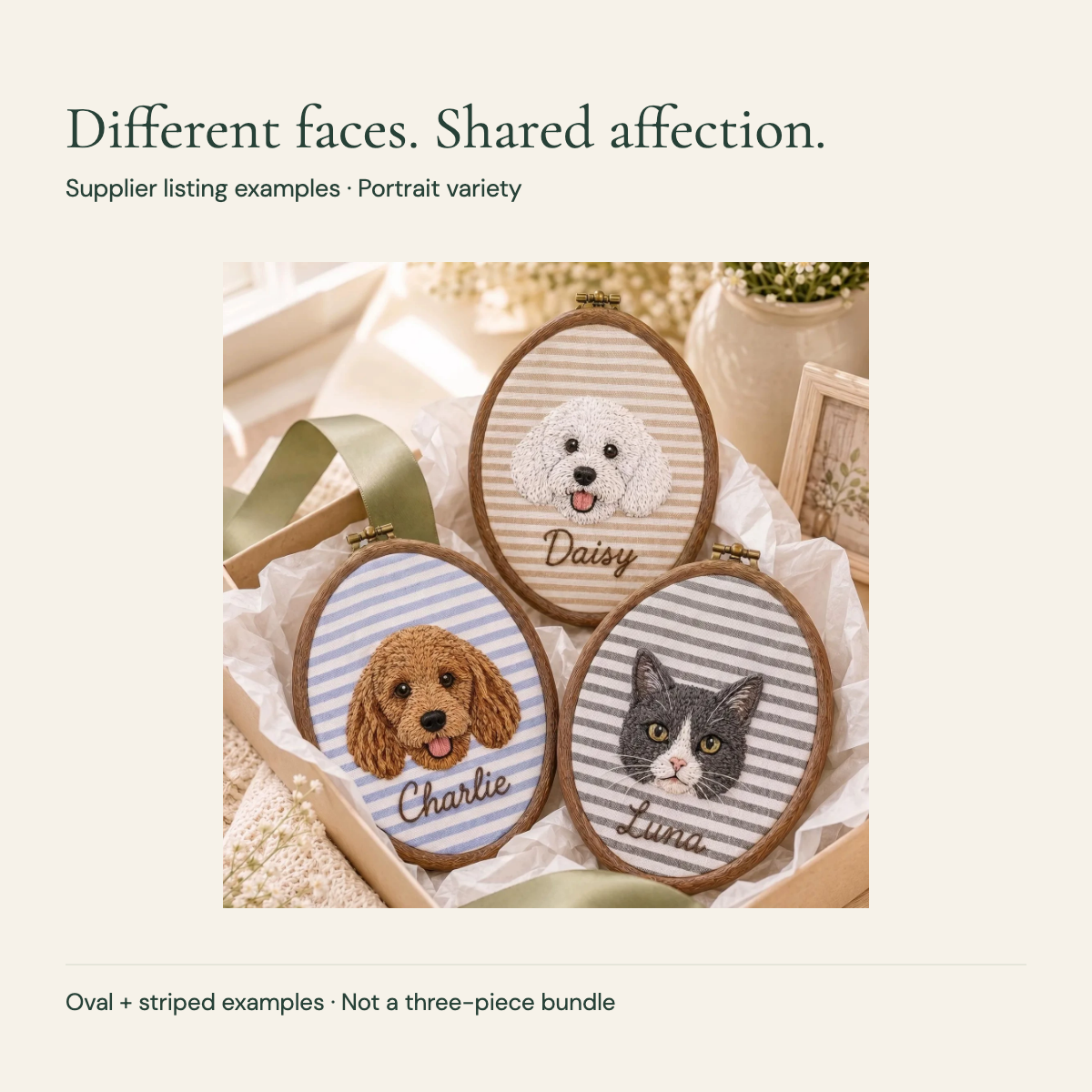 Three supplier listing pet portrait examples on striped oval hoops; variety examples, not a bundle or exact selected configuration.