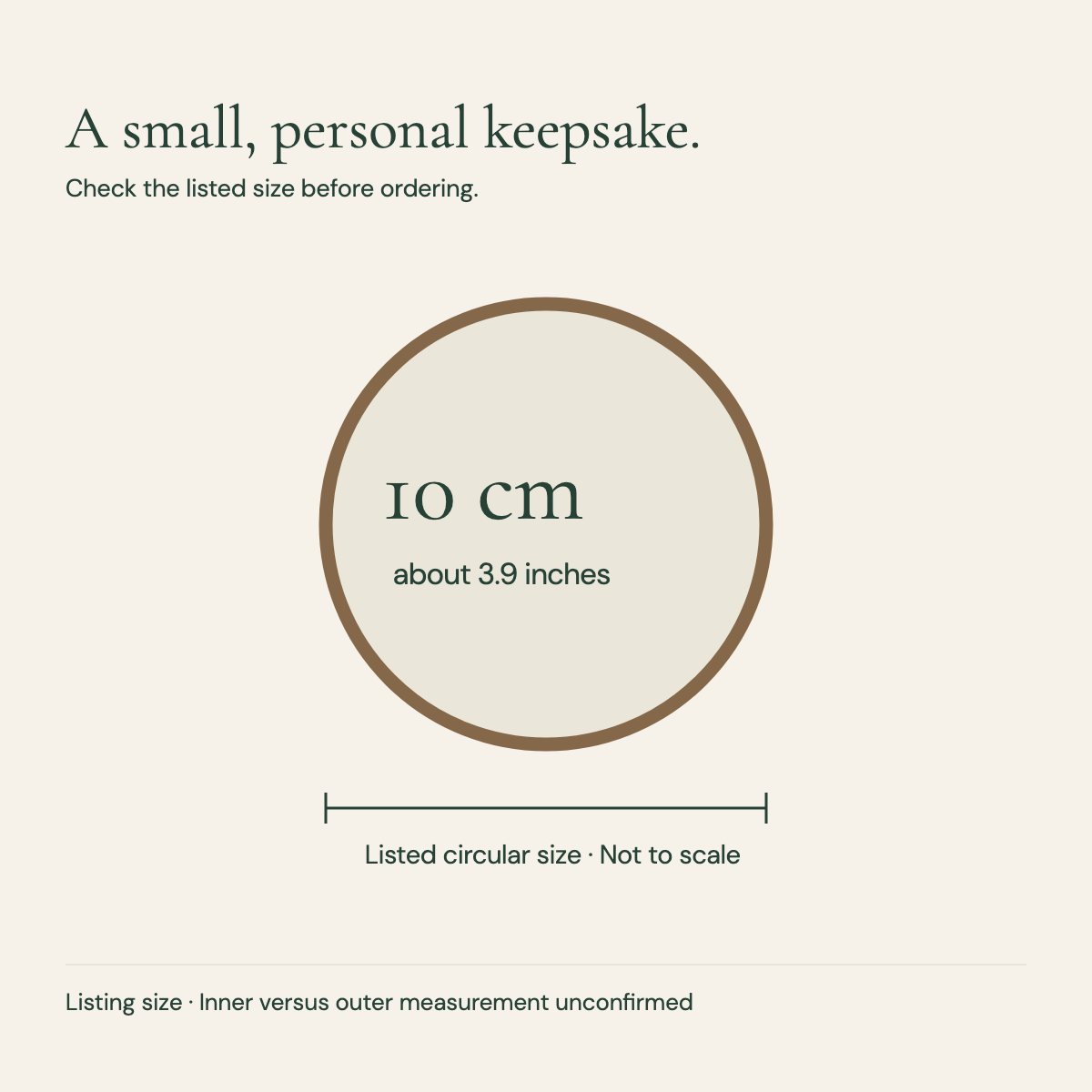 Round 10 cm listed-size diagram with inch conversion about 3.9 inches; not to scale and no invented inner measurement.