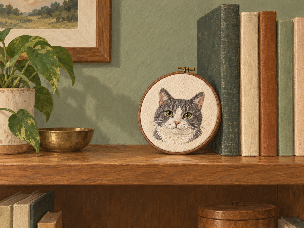 Painted illustration of a small round plain-fabric cat portrait displayed beside books on an oak shelf; imagined setting, not an actual finished sample or scale reference.