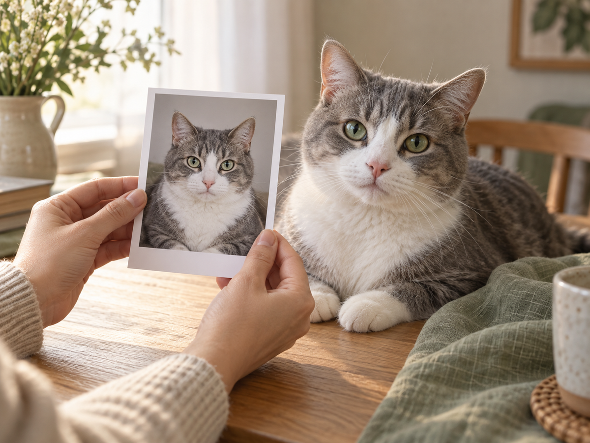 Illustrated editorial scene of an adult holding a clear gray and white cat reference photo with both ears visible, beside the cat; not a customer photo.