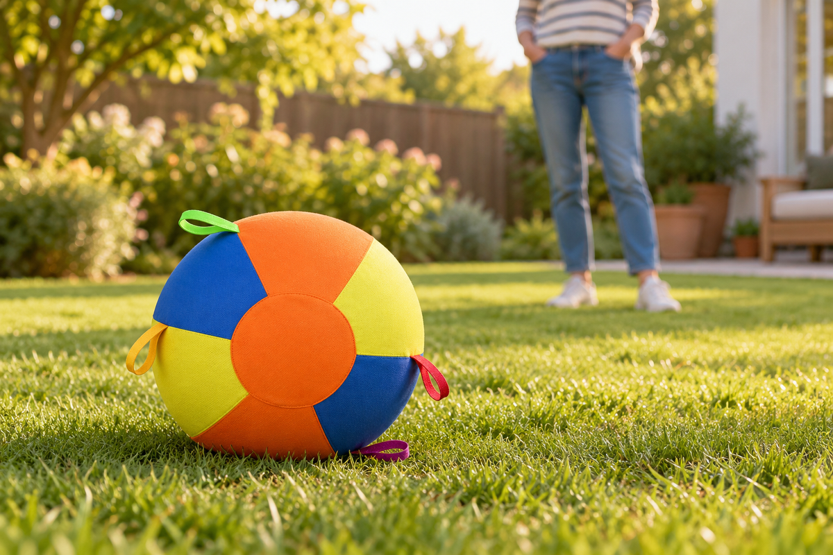 Garden setting with one multicolour fabric-covered ball resting on clear grass; setting and adult are not included.