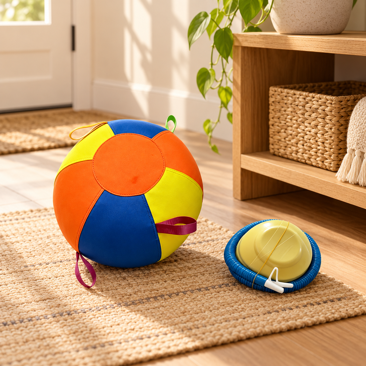 Entryway setting with one multicolour fabric-covered ball and one example pump on the floor beside a shelf; pump style may vary and shelf is not included.