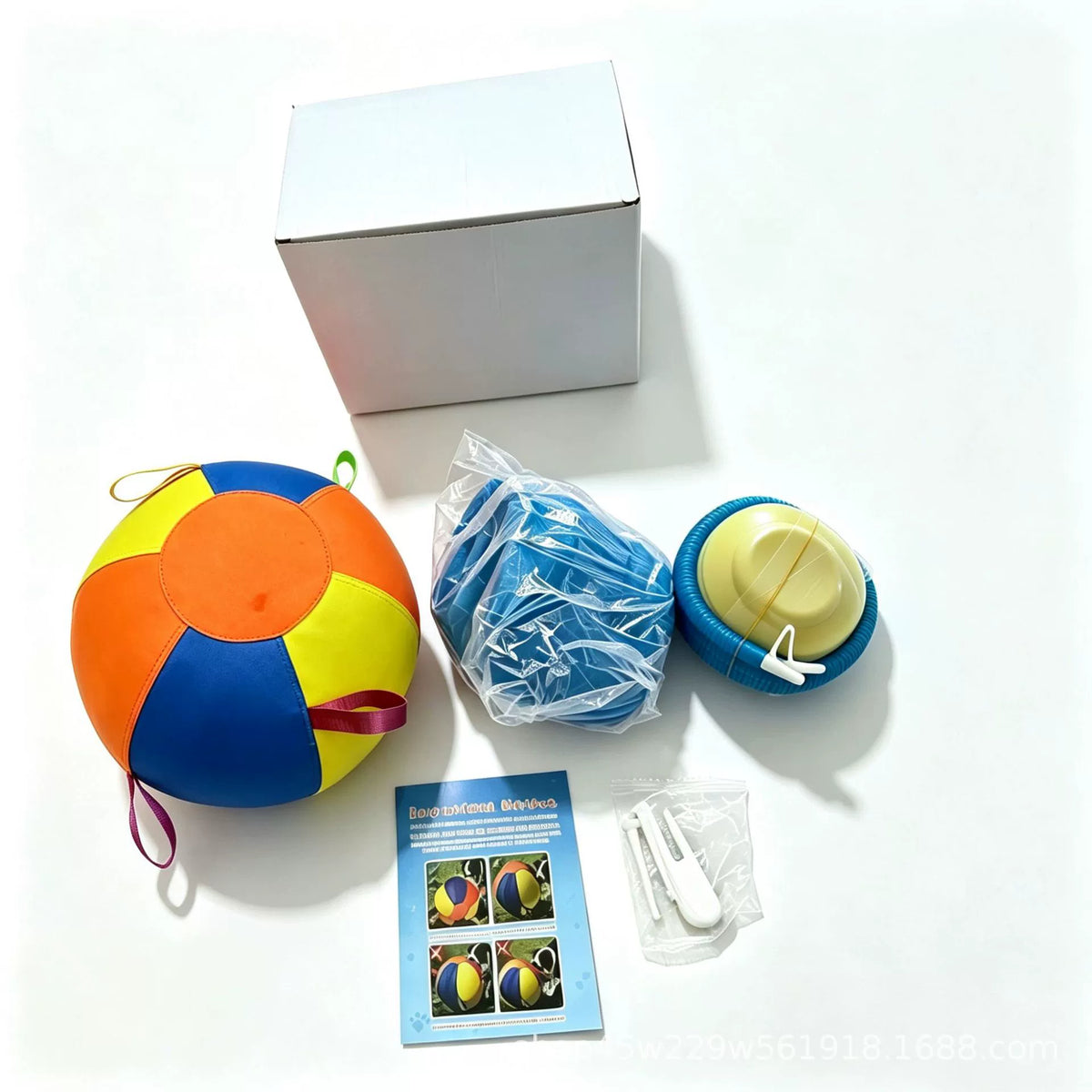 Package photograph of the multicolour ball, bagged inflation component and one disc-style pump; accessories and packaging shown are examples.