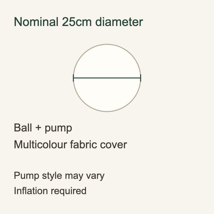 Size and unit diagram: nominal25cm diameter; ball plus pump with a multicolour fabric cover. Pump style may vary. Inflation required.