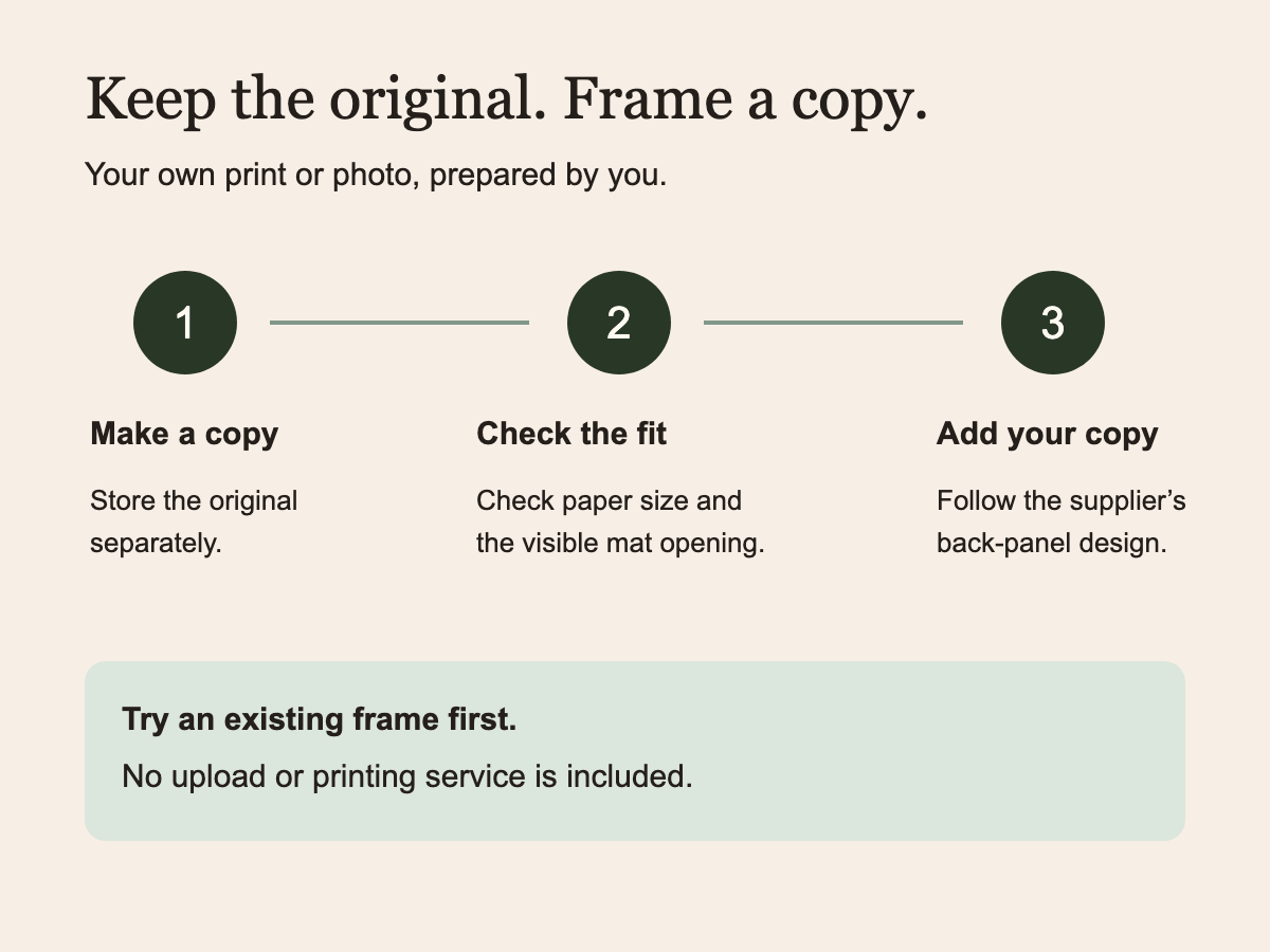 Make your own copy, check its fit, then add it to the frame while retaining the original separately.