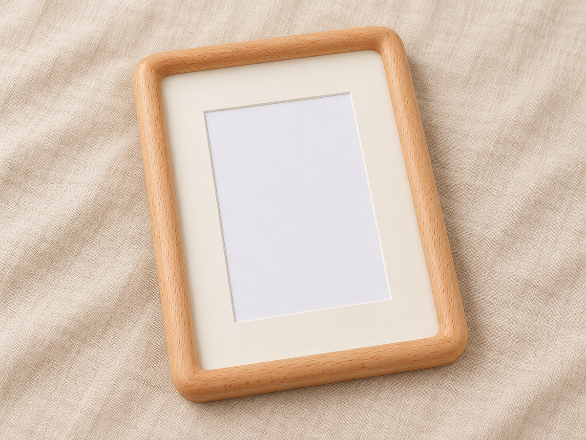 Supplier-based illustration of the empty rounded beech frame lying face up on ivory linen.