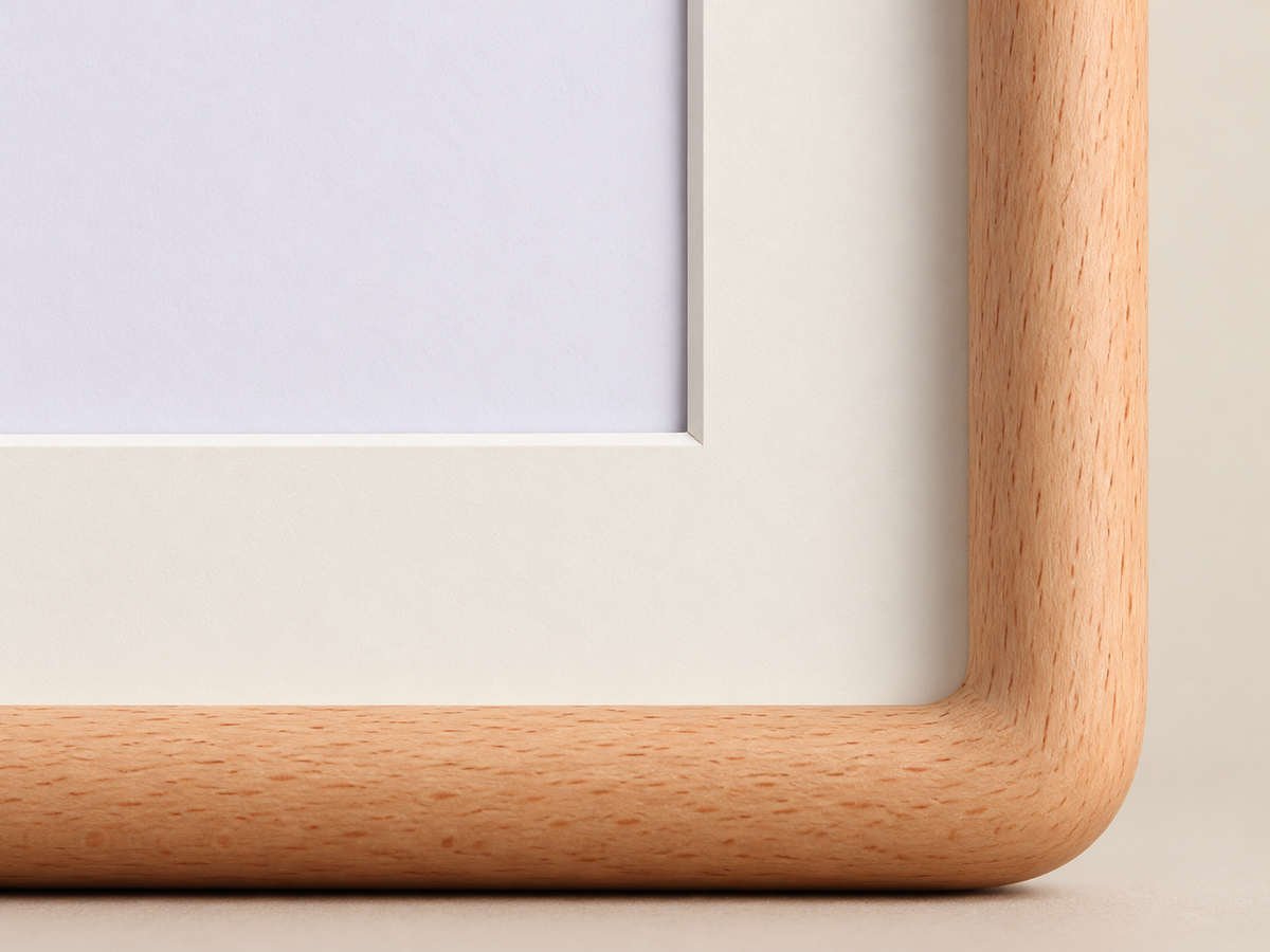 Illustrated front detail of the ivory mat window beside the beech frame.
