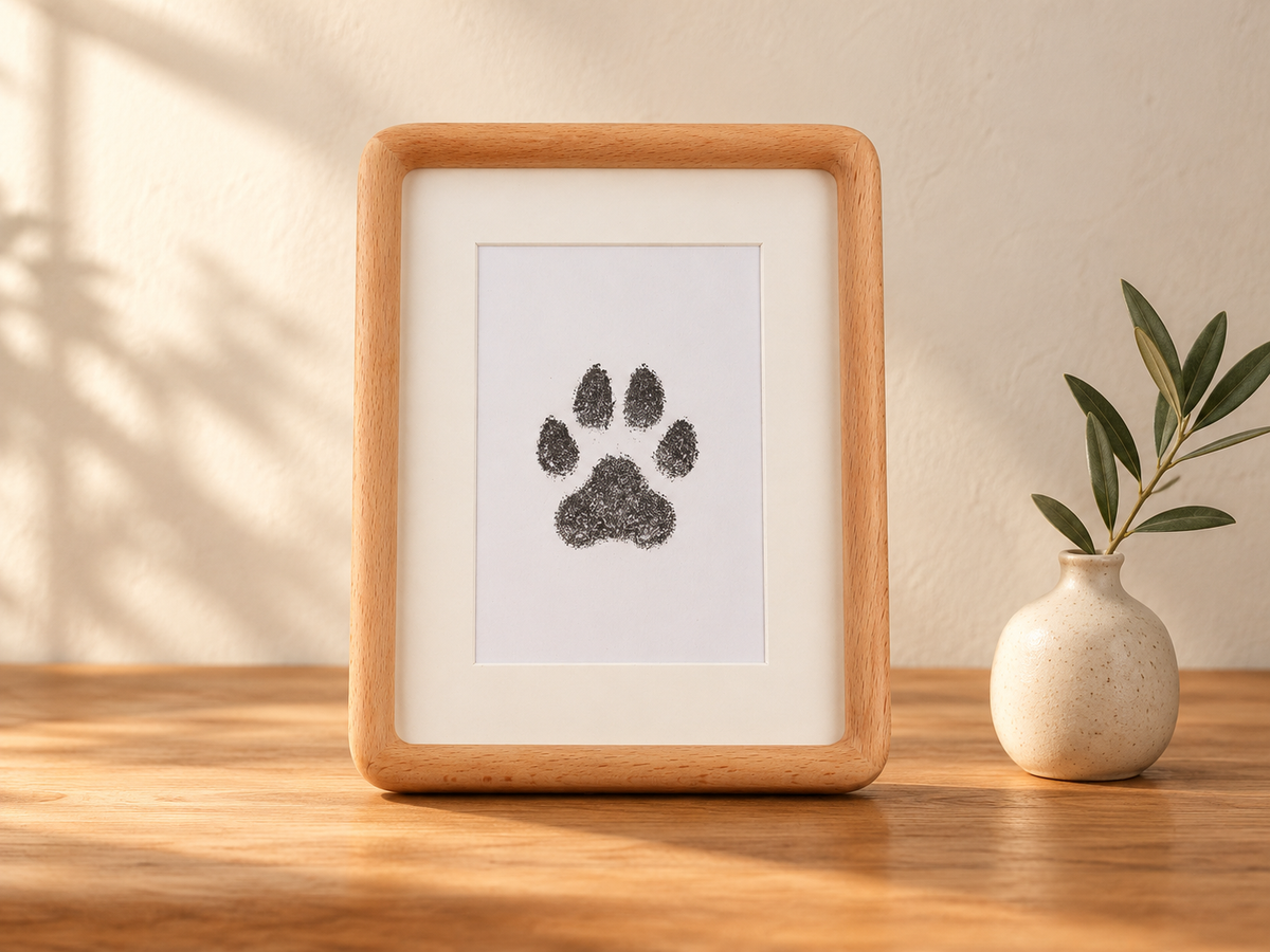 Illustrated desk setting with a rounded rectangular beech-tone frame holding an example paw-print copy.