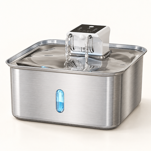 FT802 pet water fountain with a silver rounded-rectangular reservoir, blue water-level window and white dual-outlet charging module.