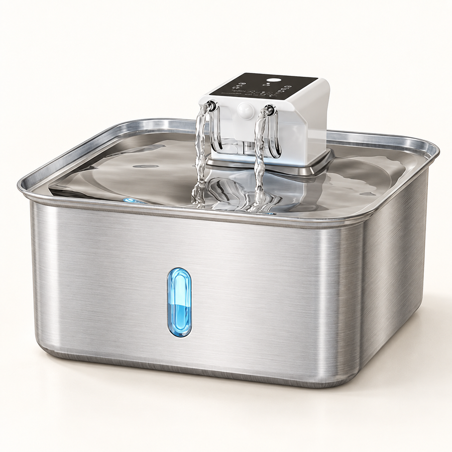 FT802 pet water fountain with a silver rounded-rectangular reservoir, blue water-level window and white dual-outlet charging module.
