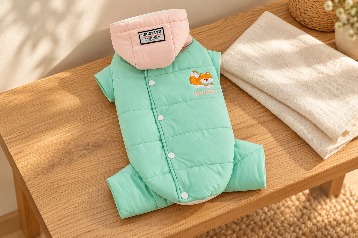 The green four-leg coat with its pink hood attached, laid out on a warm wood entry bench; props are not included.