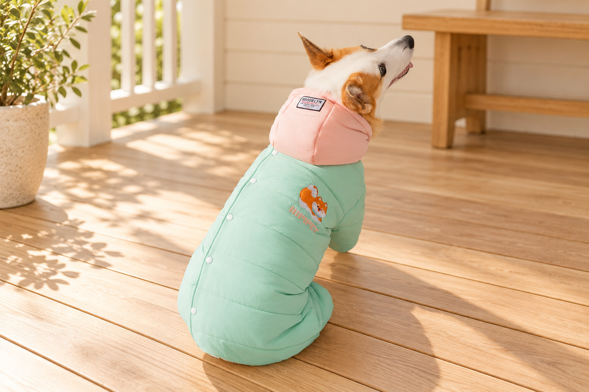 A dog wearing the green four-leg coat in a dry doorway setting, with the pink hood resting behind the neck.