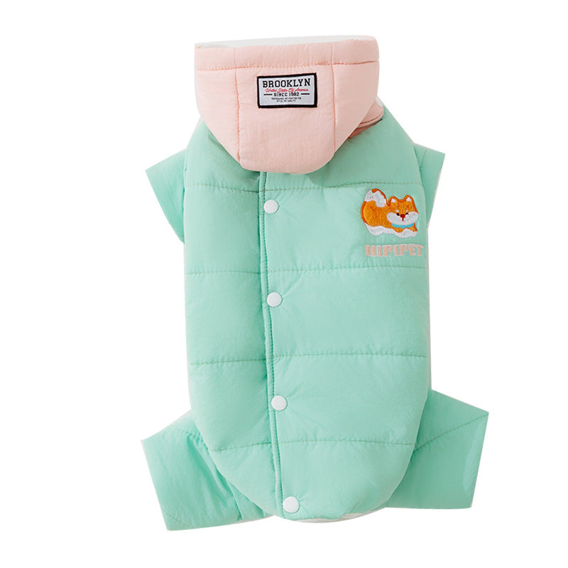 One green four-leg coat with its contrasting pink hood attached.