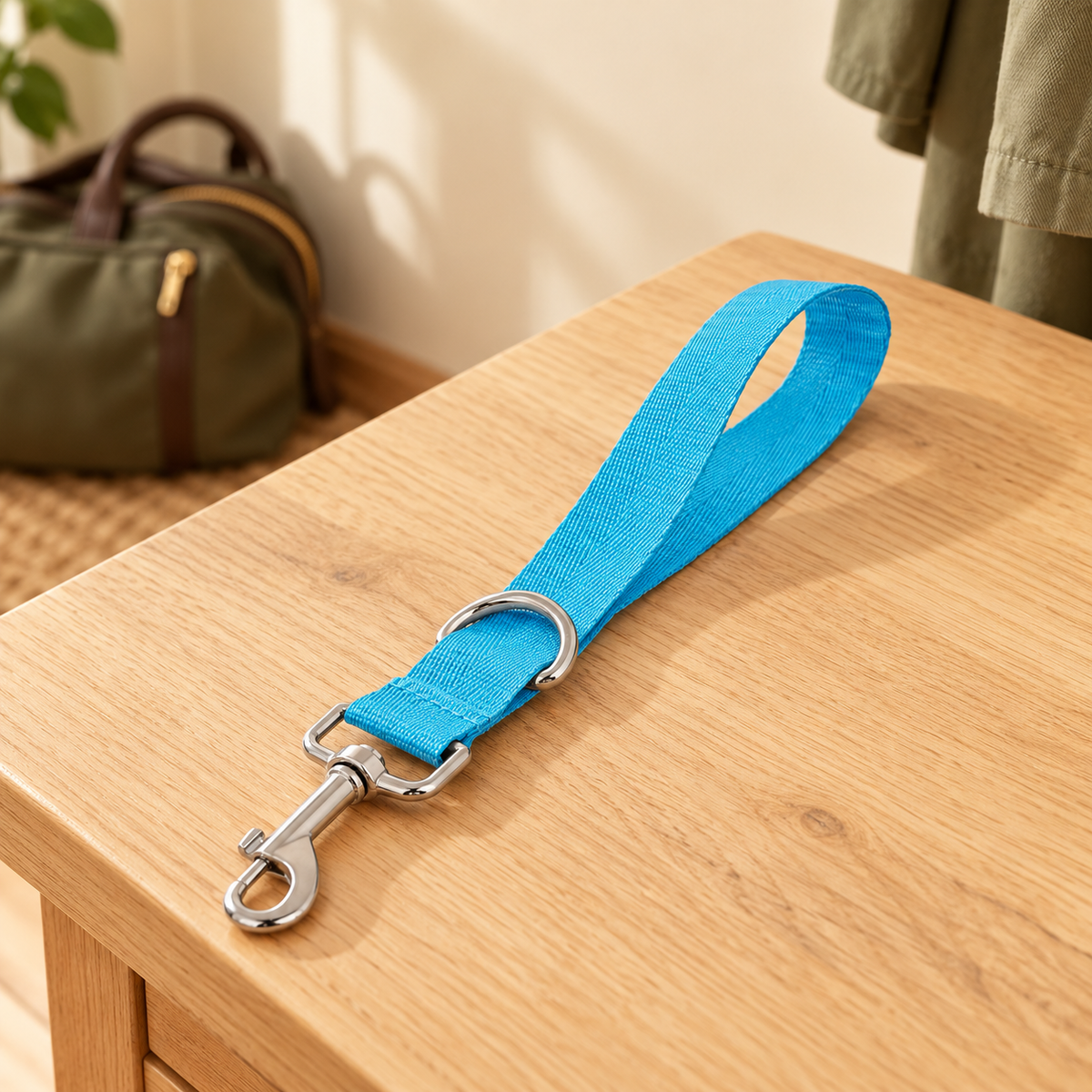 Entryway preparation scene showing one sky-blue woven short tab with silver clip and D-ring on a pale oak table; background bag and coat excluded.