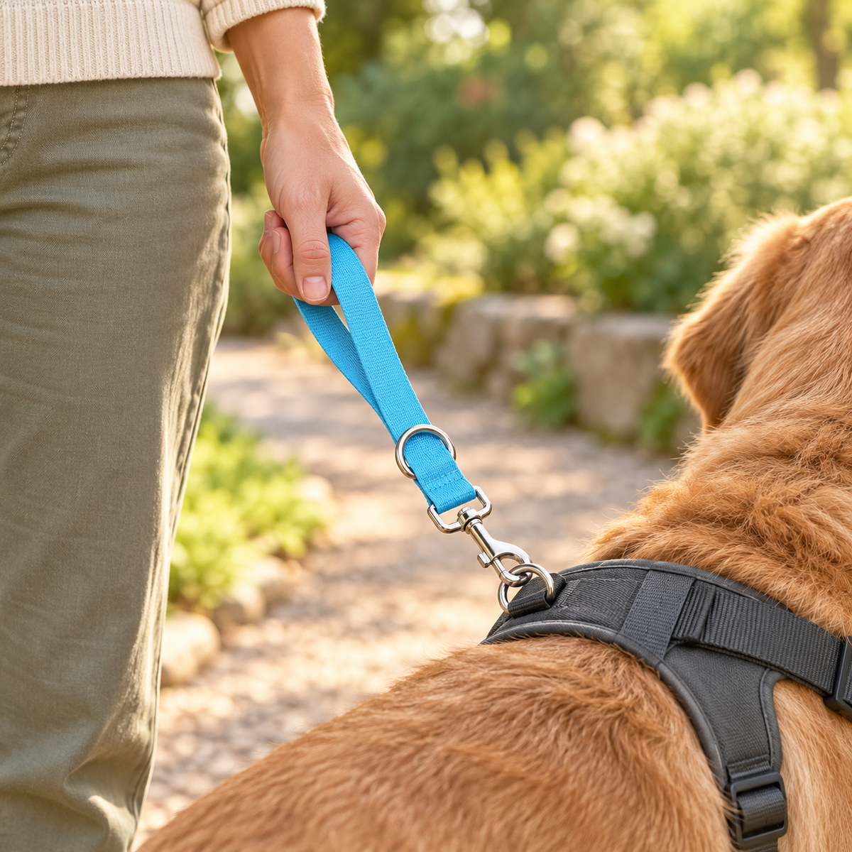Supervised scene of an adult holding the sky-blue short tab beside a calm dog; its silver clip passes through a charcoal harness attachment ring, with the separate tab D-ring unused. Harness excluded.