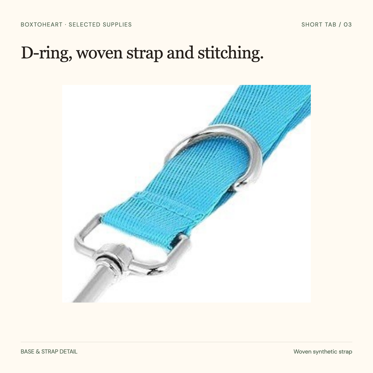 Enlargement of the sky-blue woven webbing, base D-ring and visible stitched attachment section.