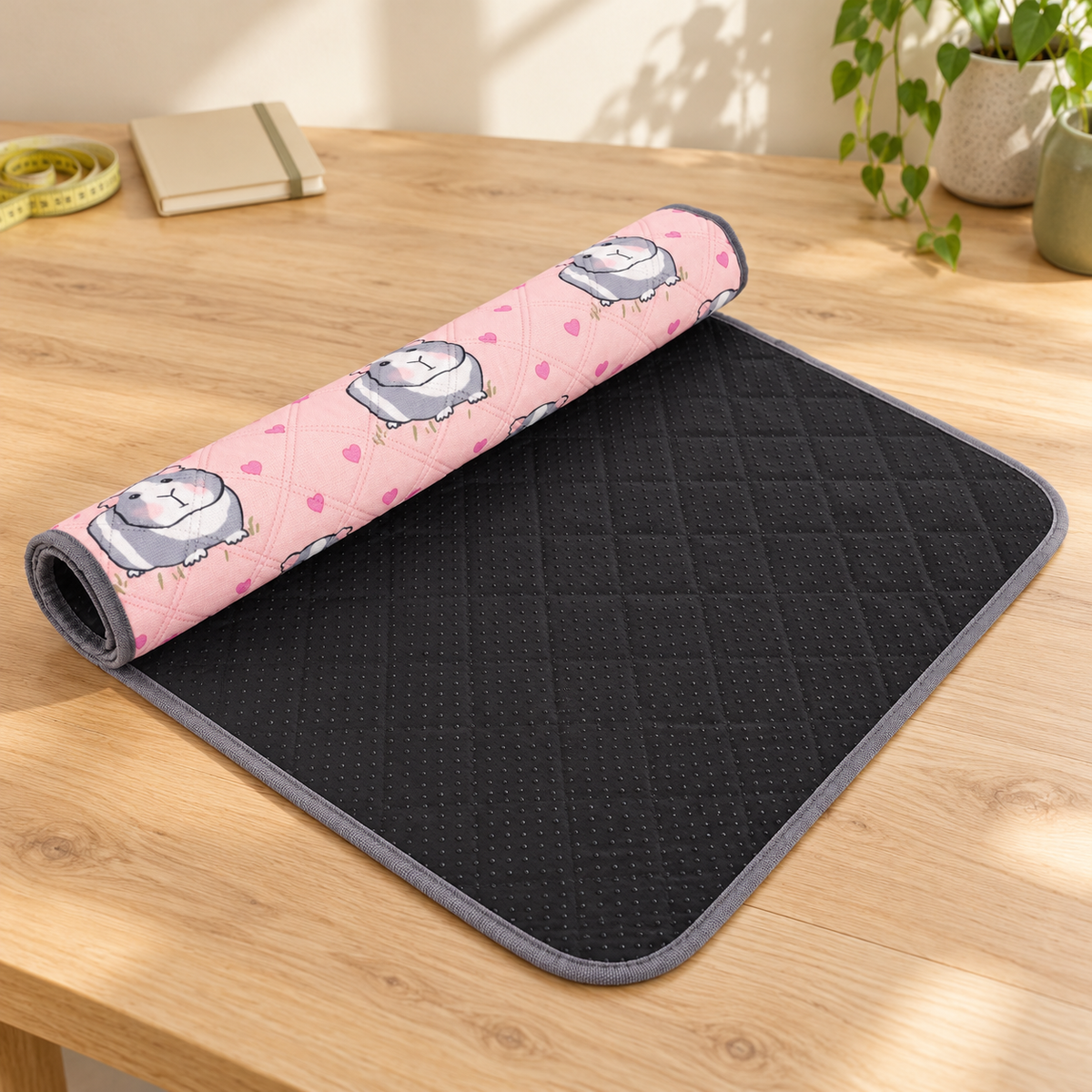 AI-created daylight preparation table showing one partly rolled pink guinea-pig-print liner, grey binding and black dotted underside; no animal and no second liner.