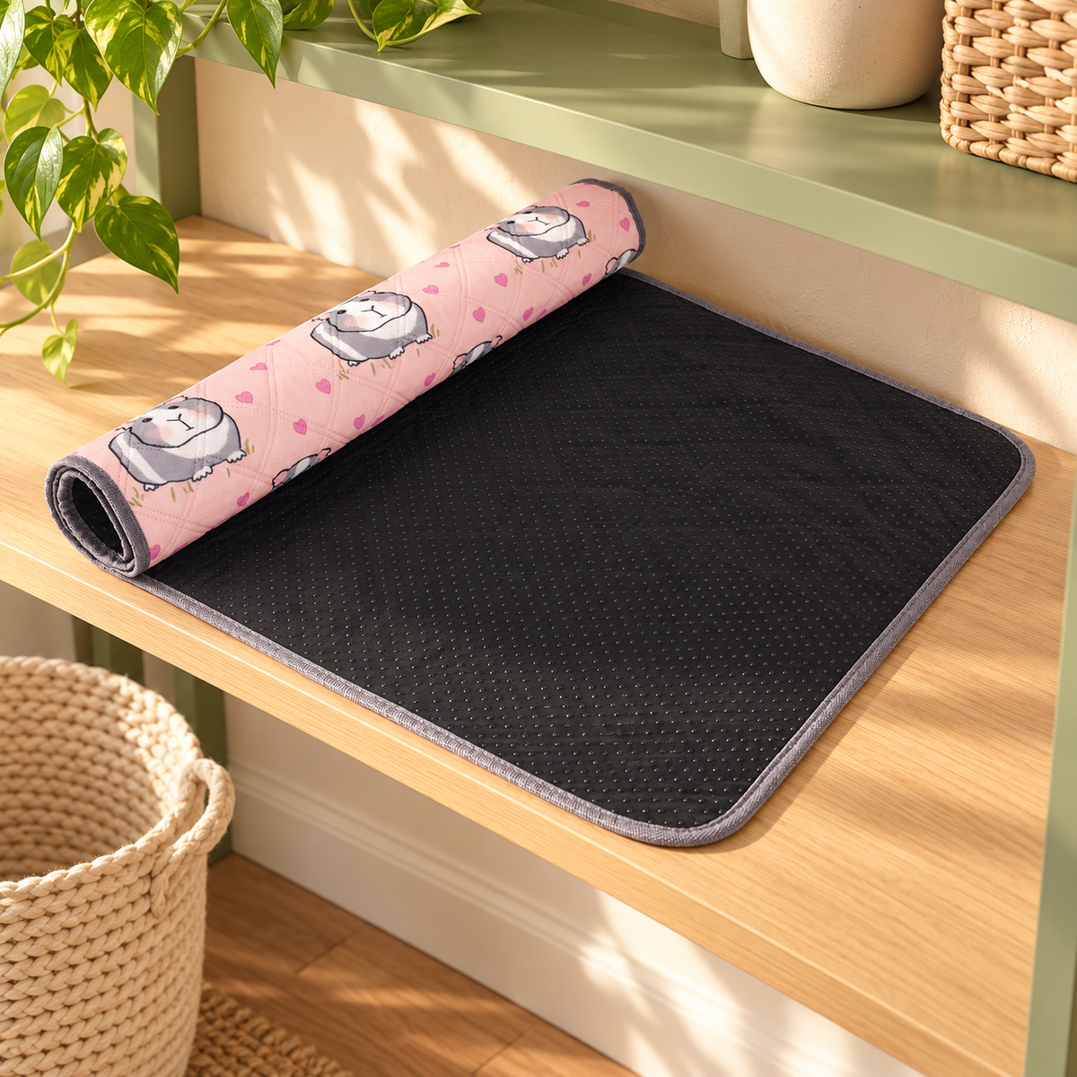 AI-created sage shelving changeover station showing one partly rolled pink guinea-pig-print liner, grey binding and black dotted underside; no animal and no second liner.