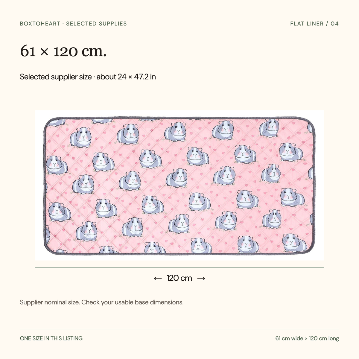 Nominal supplier dimensions61by120centimetres, approximately24by47.2inches, with a pink liner reference photograph.