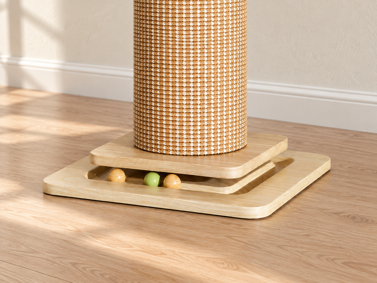 Close view of the scratching post’s three stepped wood-finish base plates and yellow, green and yellow track balls.