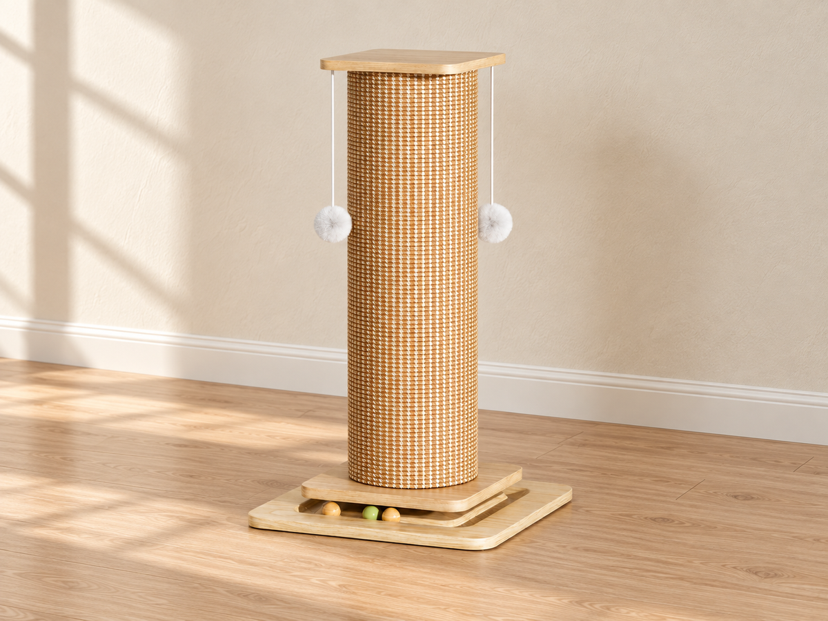 The complete tall sisal cat scratching post, showing its upright column and square stepped footprint.
