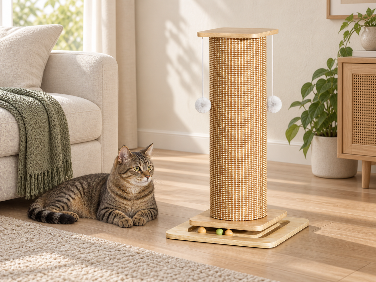 An 80 cm woven-sisal cat scratching post beside a cream sofa, with a tabby cat resting nearby.