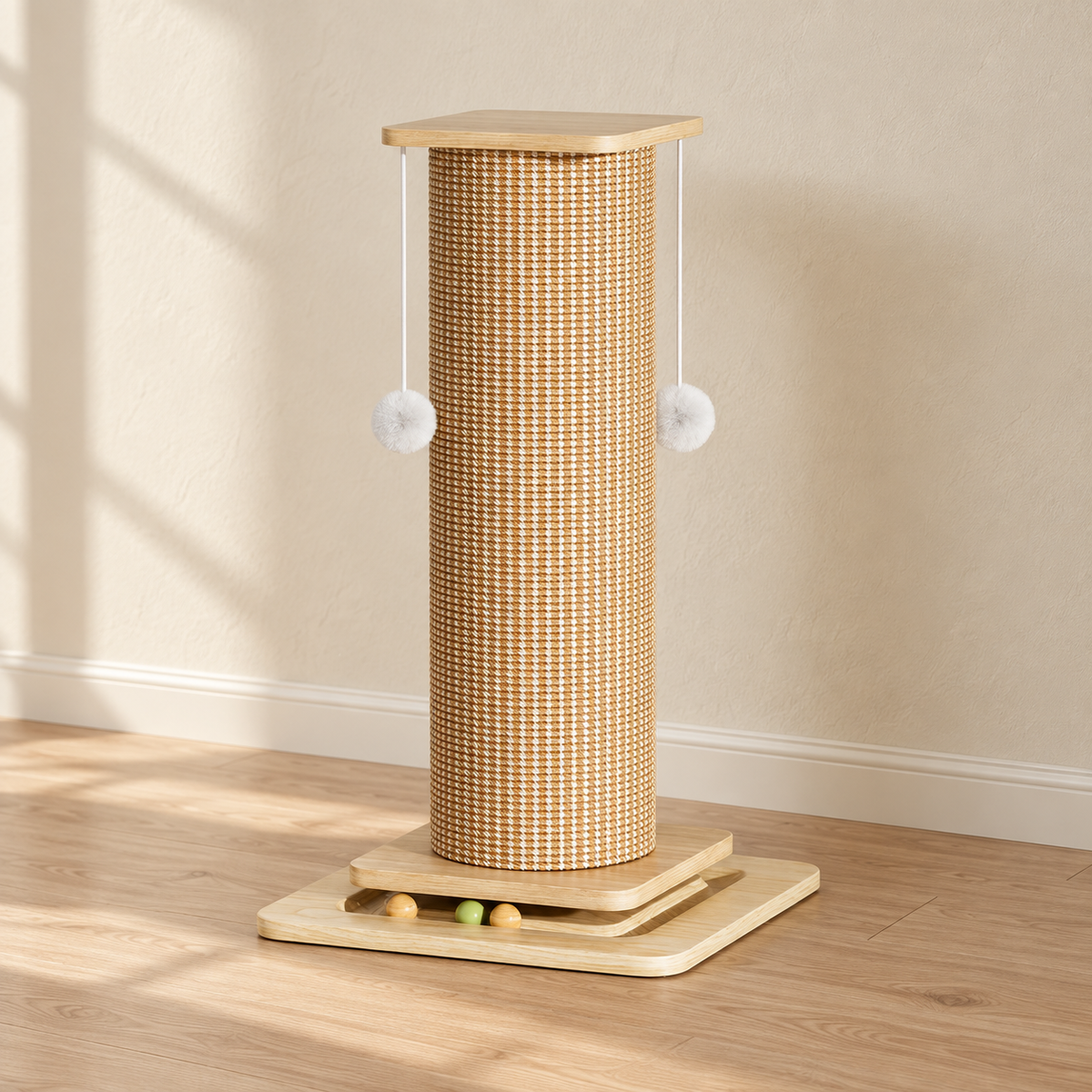 Tall woven-sisal cat scratching post with a wood-finish top cap, two white hanging pom balls and a stepped ball-track base.