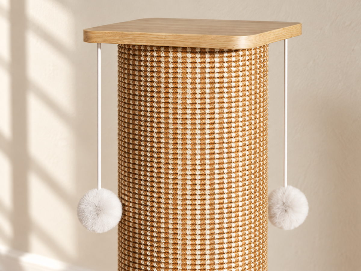 Close view of the tan-and-cream woven sisal mat, wood-finish top cap and two hanging white pom balls.
