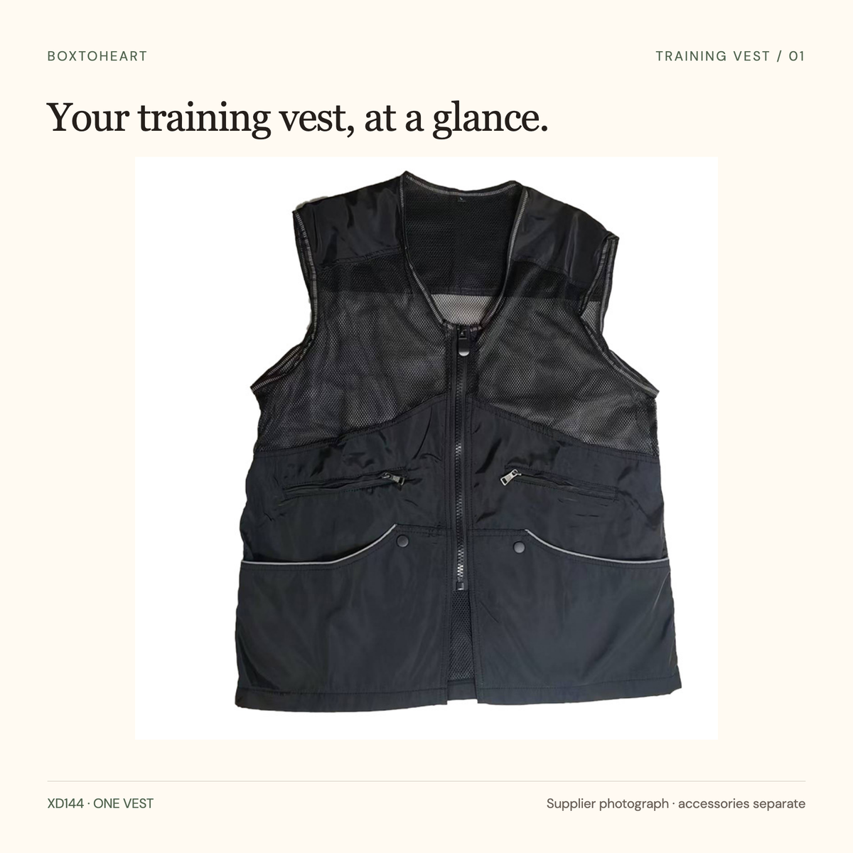 Whole pictured black XD144 sleeveless training vest shown flat, with upper mesh, a central zipper and front pockets.