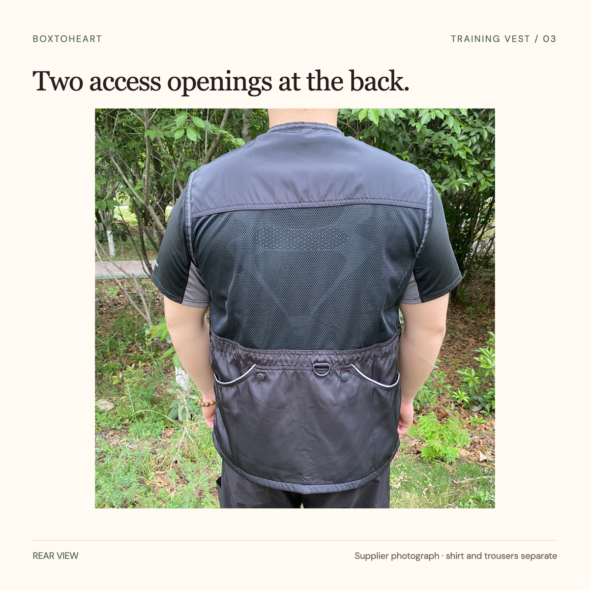 Original supplier rear photograph showing the broad mesh back panel and two curved lower pocket access openings with pale piping, snaps and a central D-ring.