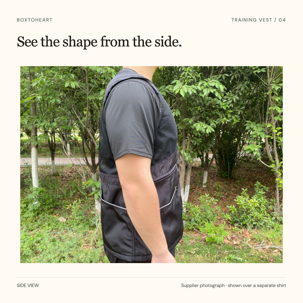 Unmodified supplier side-view photograph of the XD144 vest worn over a dark short-sleeve shirt, showing arm opening, mesh upper area and lower pocket shape.