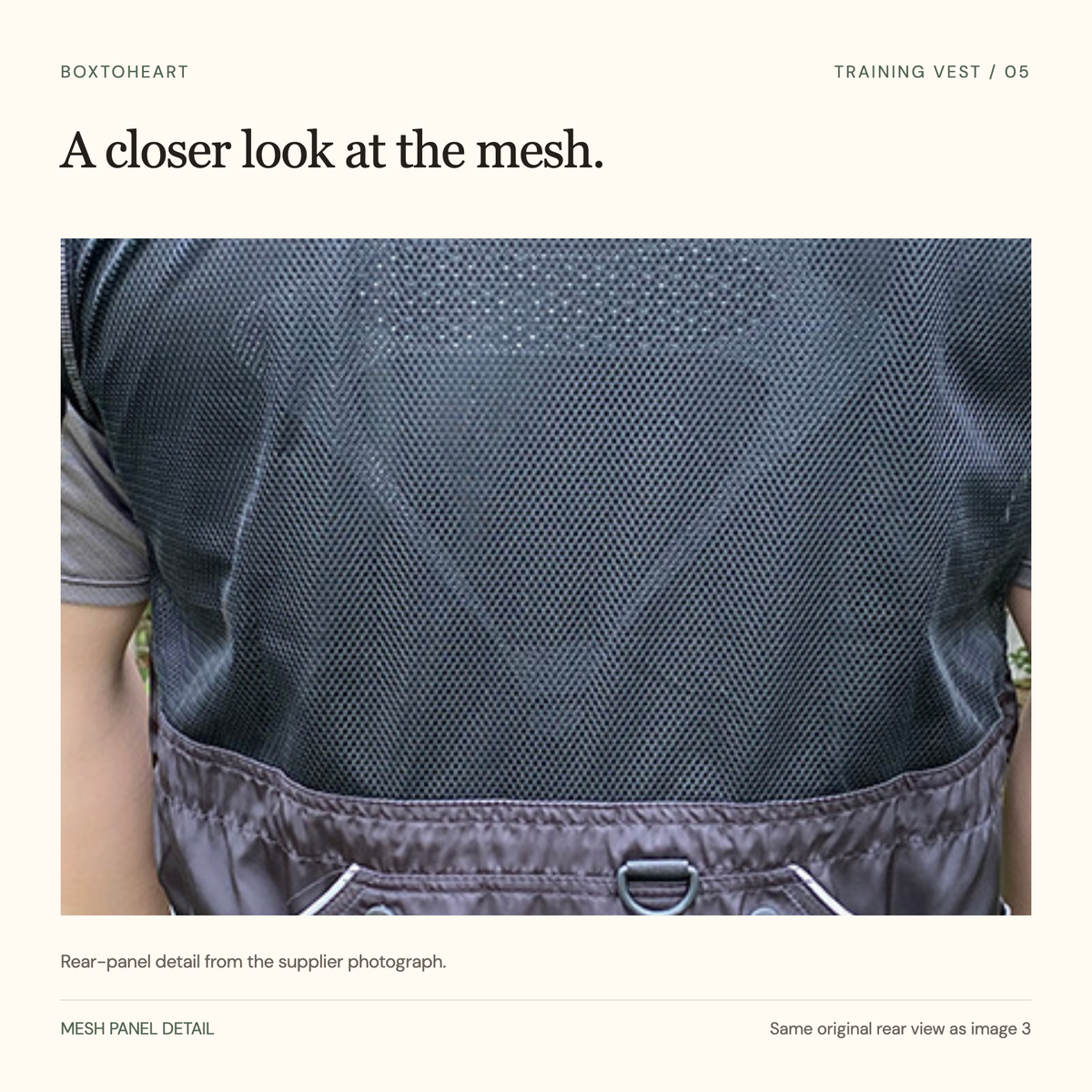 Enlarged unretouched detail of the open mesh rear panel from the supplier photograph, with no performance claim.