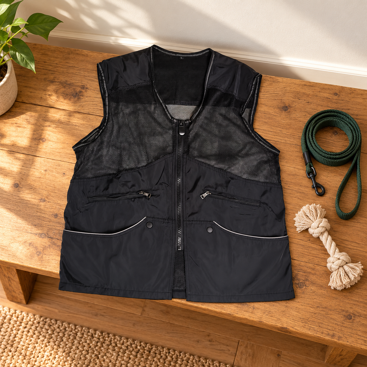 AI-created preparation scene: the black mesh training vest lies on an oak bench with a separate leash and rope toy beside it.