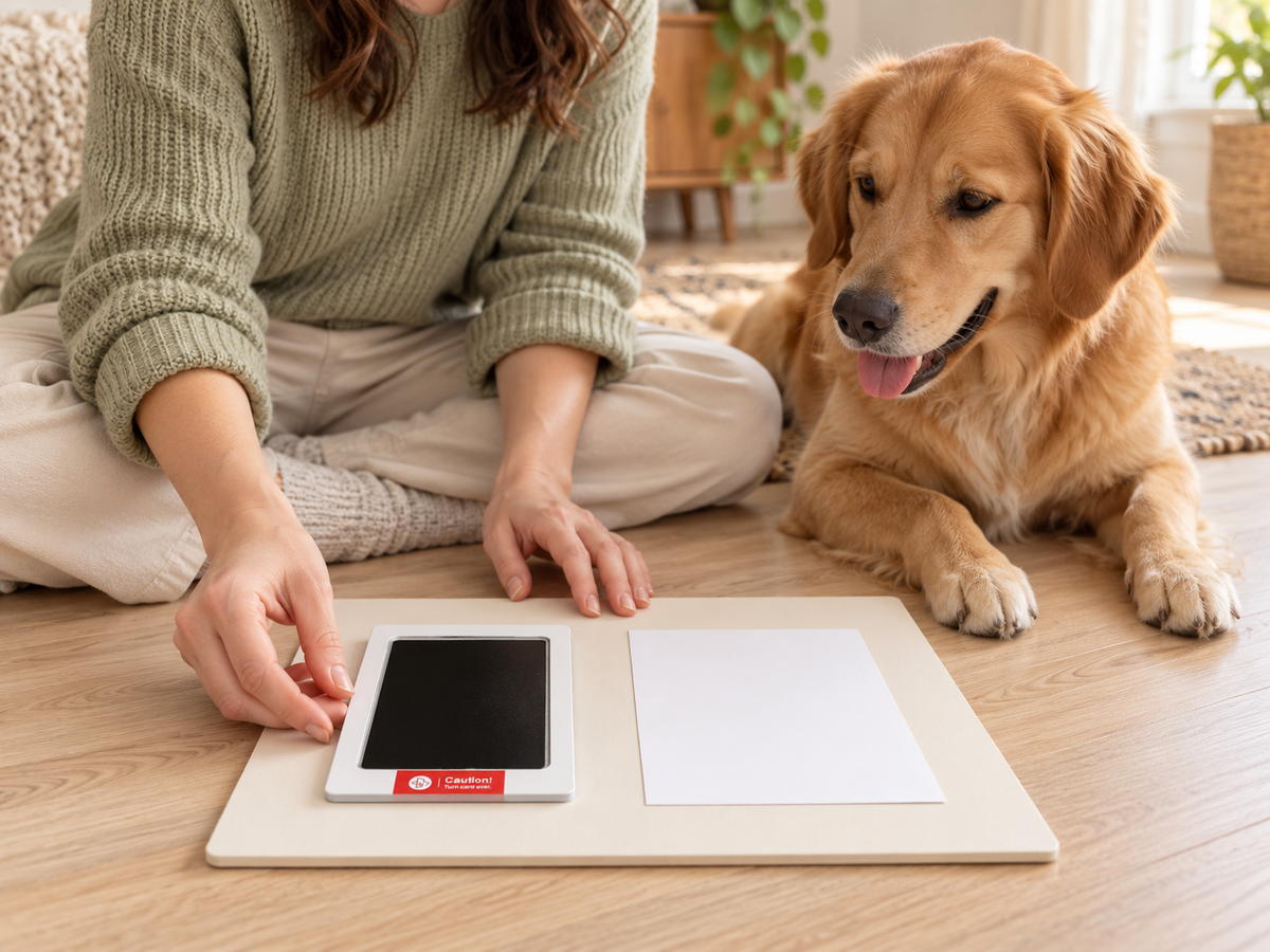 Illustrated calm floor-level preparation with an adult arranging the matching pad and blank card while a dog sits freely nearby; no pressing or restraint is shown.