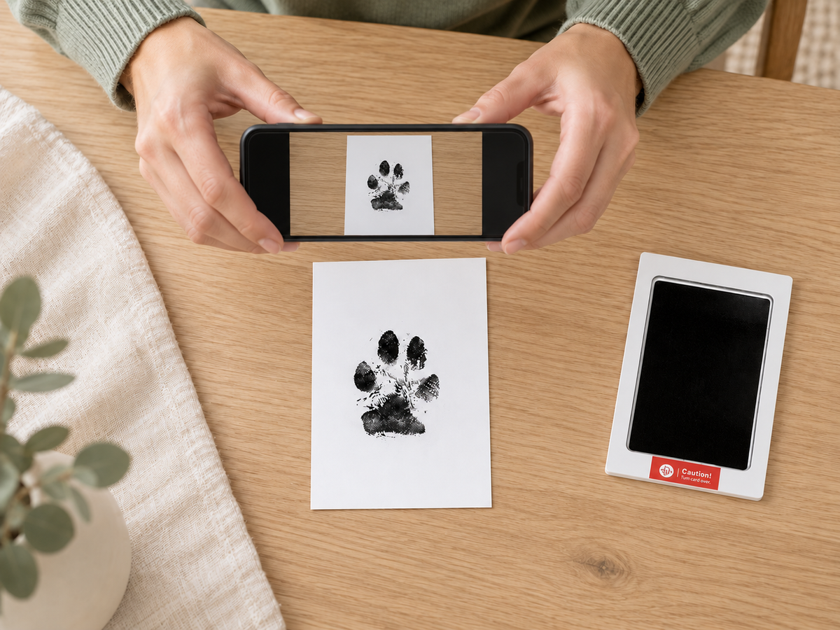 Illustrated overhead copying setup with a personal phone screen facing upward and rear camera pointing toward a dry example paw-print card; matching transfer pad nearby. Props are not included.
