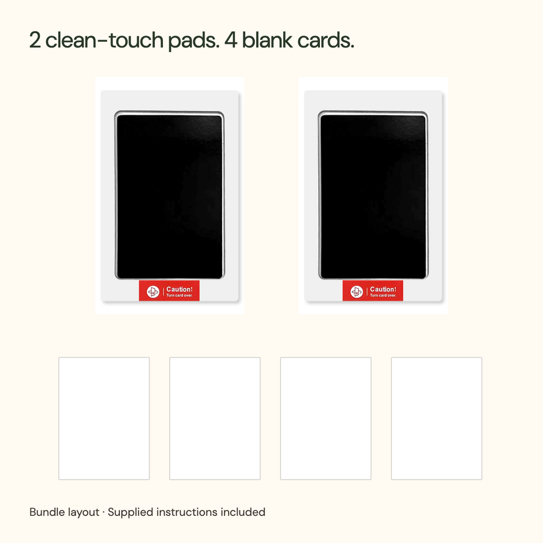 Bundle layout of two white-frame black clean-touch pads with original red orientation labels and four blank white cards; instructions included.