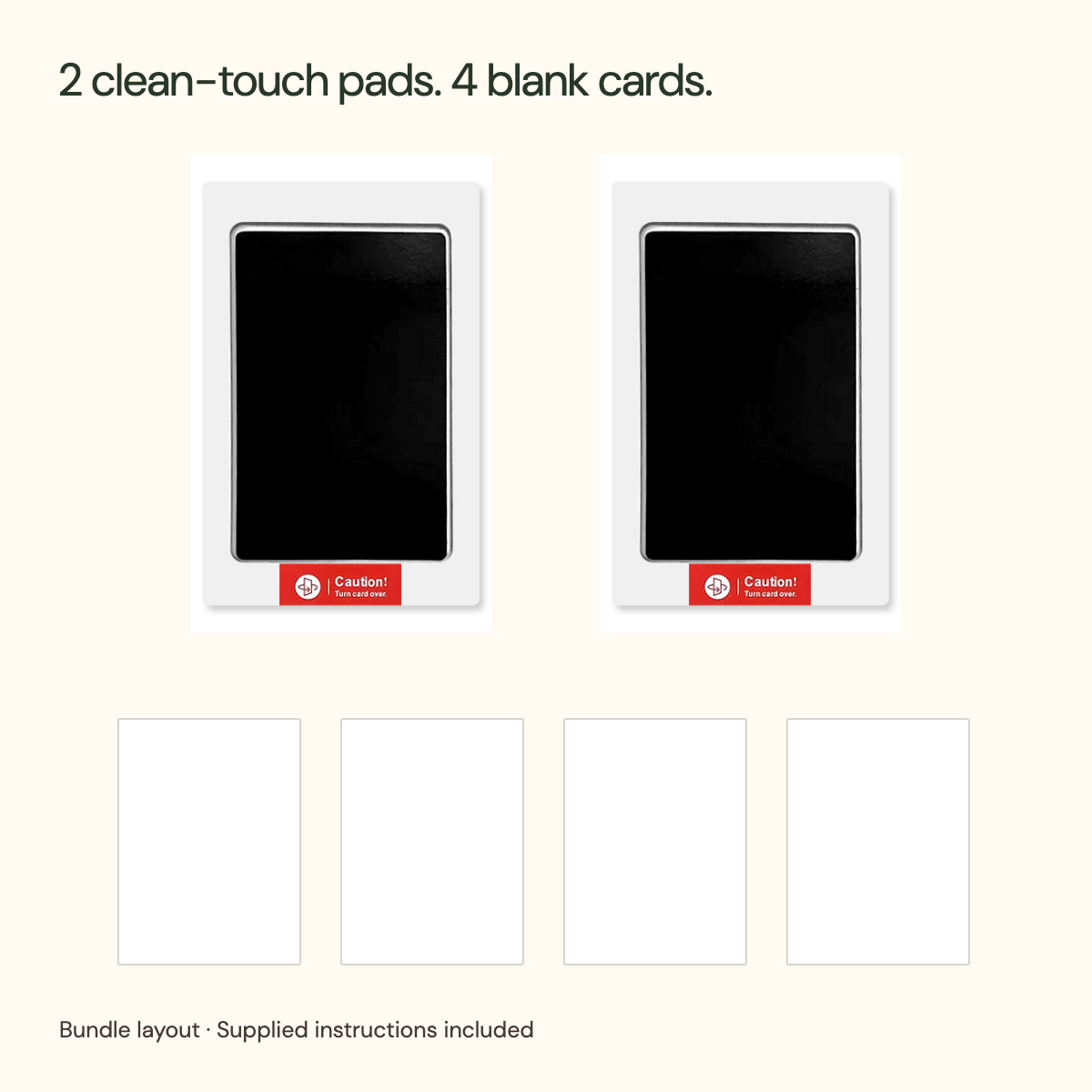 Bundle layout of two white-frame black clean-touch pads with original red orientation labels and four blank white cards; instructions included.