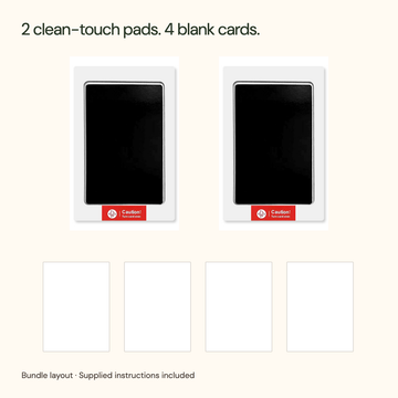 Bundle layout of two white-frame black clean-touch pads with original red orientation labels and four blank white cards; instructions included.