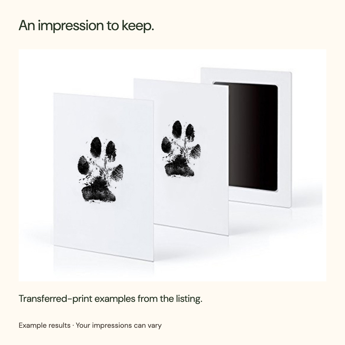 Listing examples of black transferred paw impressions on white cards beside the pad; results vary and cards are supplied blank.