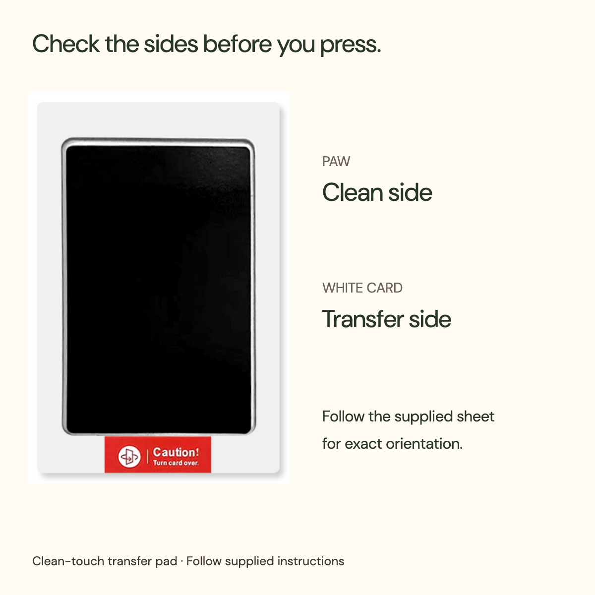 Orientation guide with the original labeled pad: paw on clean side and transfer side toward the white card, following the supplied instructions.
